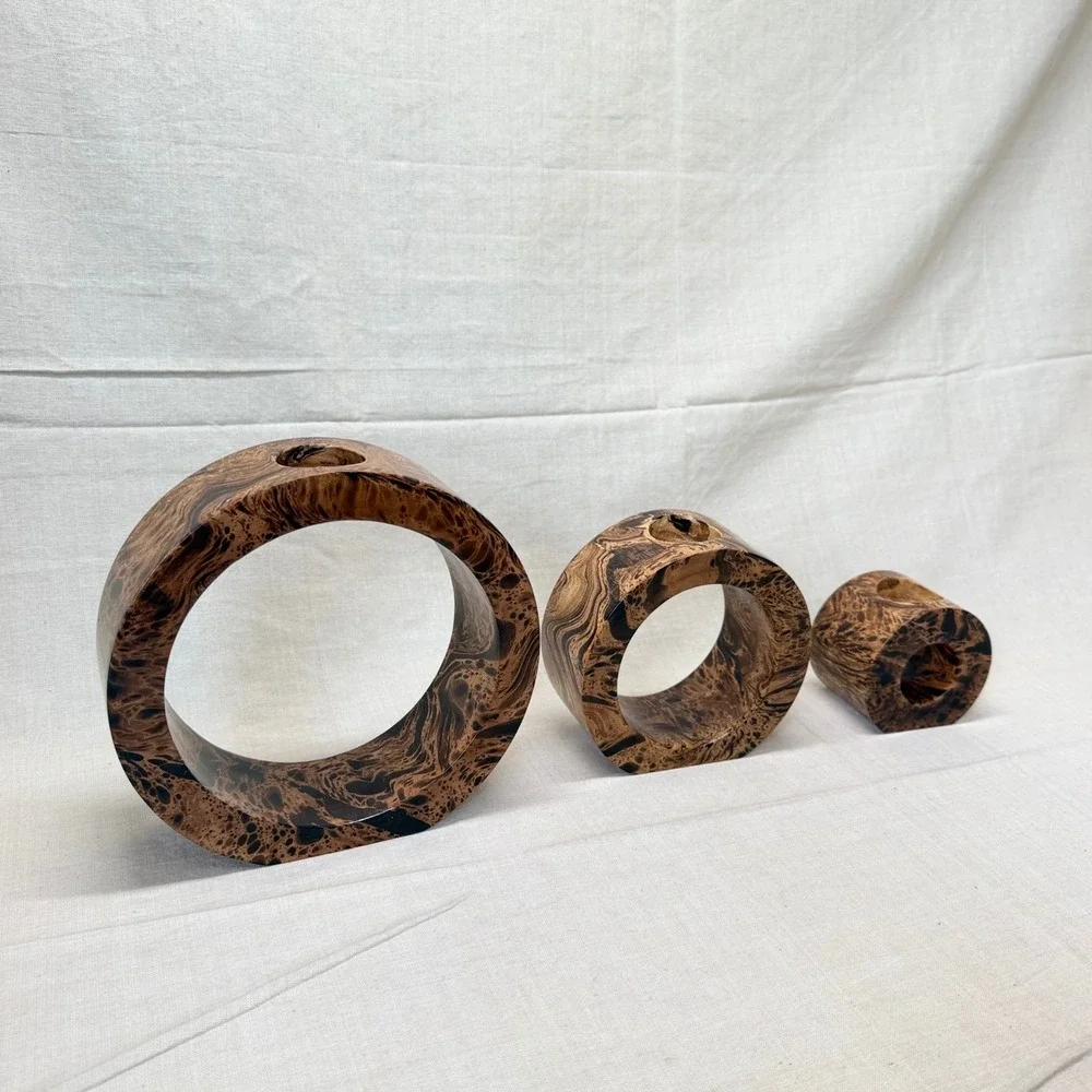 Vintage Postmodern Burl Wood Style Candle Holder Set, 1980s